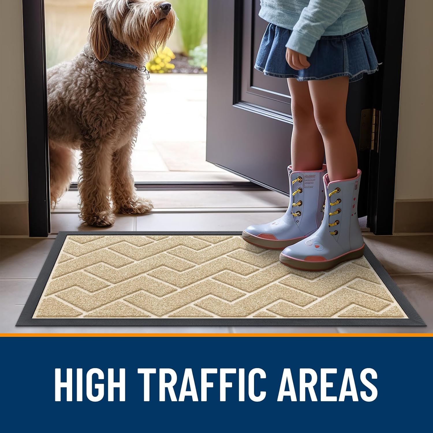 OLANLY Waterproof Front Door Mat - All-Season Herringbone Design | Sturdy Natural Rubber, Easy Clean (Beige, 71x23)