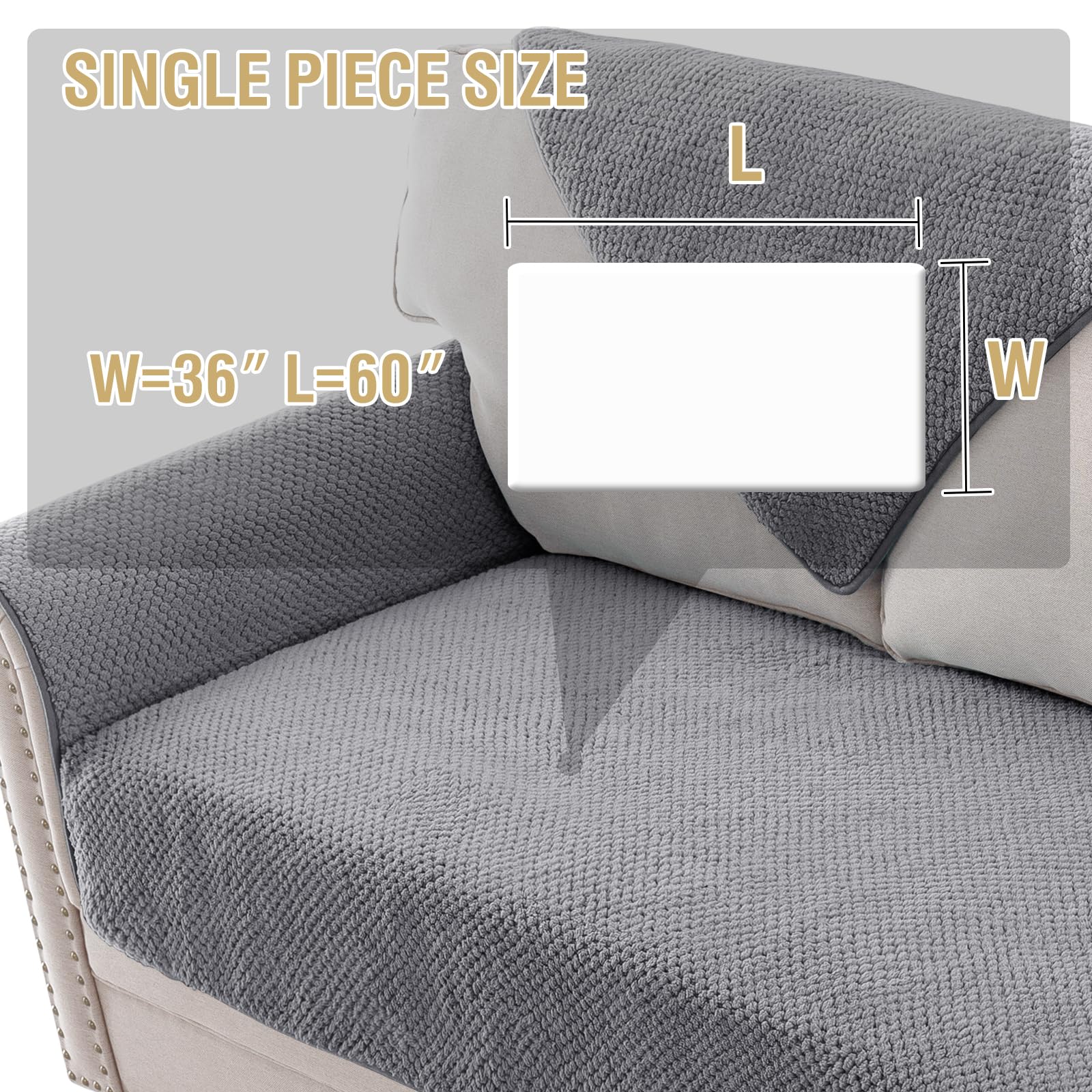 H.VERSAILTEX Waterproof Couch Cover Plush Sofa Cover with Strap Soft Anti Slip Sofa Slipcovers for 2 Cushion Couch Chaise Couch Protector Cover for Dogs Cats Kids,36x60'',Gray