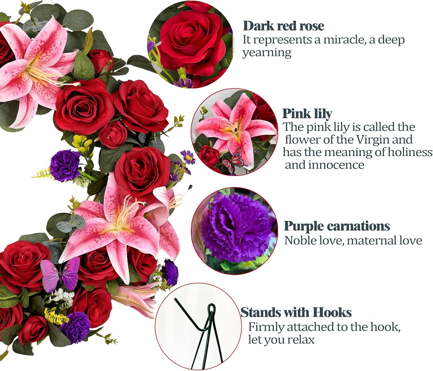 Regine Switzerland Cemetery Wreath - Handmade Floral Arrangement with 30-Inch Easel Stand | Red & Pink Roses, Lilies, Daisies, and Carnations