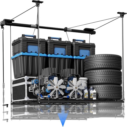 FLEXIMOUNTS GL1 Overhead Garage Storage Rack - Heavy-Duty 4x4 Ft Metal Ceiling Organizer, 350lbs Capacity, Black