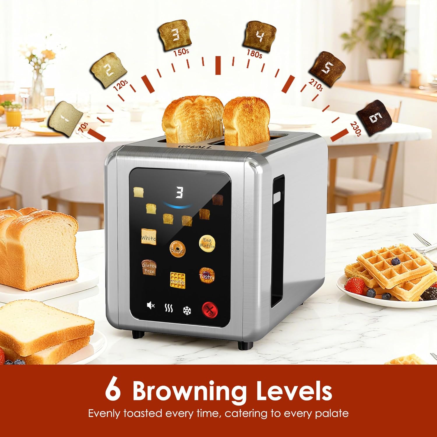 WHALL Stainless Steel Toaster - 2 Slice Full Touch Screen with Digital Timer & 6 Shade Settings | Silver