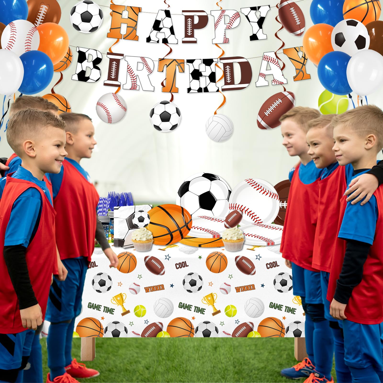 198Pcs Sports Birthday Decorations-Basketball Baseball Soccer Football Plates and Napkins Set Serves 24,Sports Theme Party Supplies