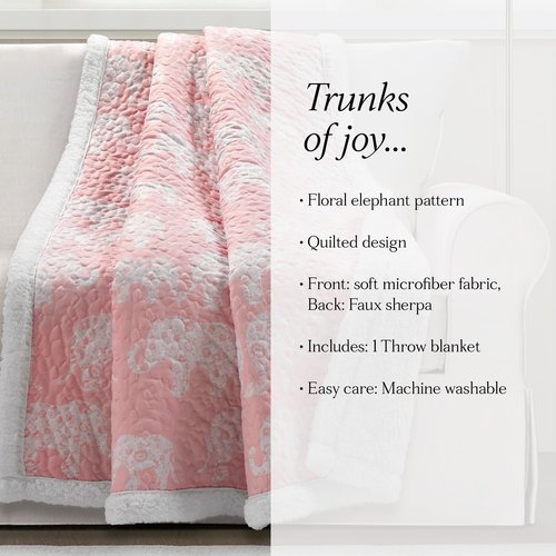 Lush Decor Elephant Parade Sherpa Throw Blanket 50" W x 60" L, Blush - Elephant Blanket for Kids - Plush Throw Blankets for Bed - Pink Couch Blankets