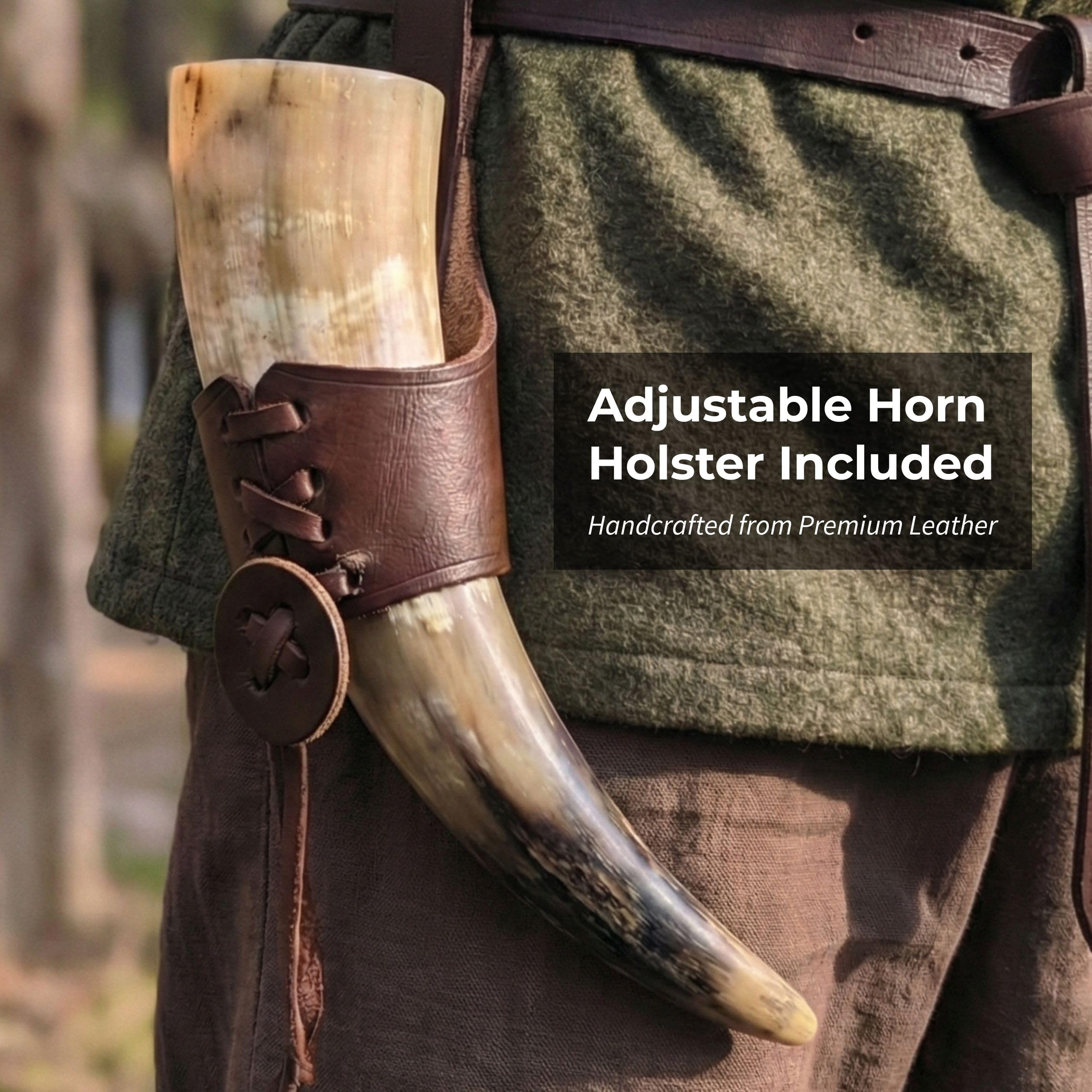Norse Tradesman Genuine 12" Ox-Horn Viking Drinking Horn with Exquisite Hand Engraved Wolf & Celtic Knot, Black Leather Belt Holster, Fitted Stand & Burlap Gift Sack Included - Wolfsbane, 12-In