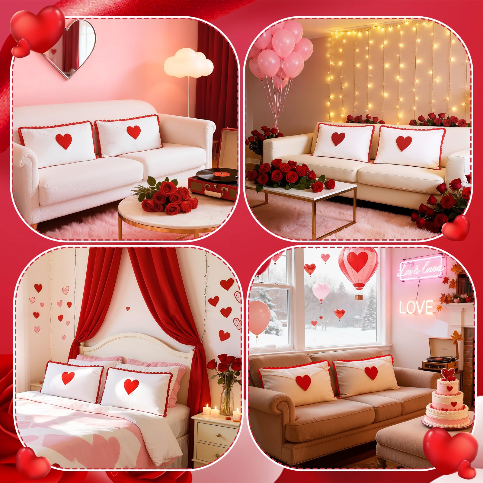 Cinnvoice 2 Pcs Valentine Day Pillow Covers 12x20 Valentines Lumbar Pillow Case Love Pattern Throw Cushion Case Heart Shape Embroidery Throw Covers for Bedroom Sofa Couch Decoration(Envelope)