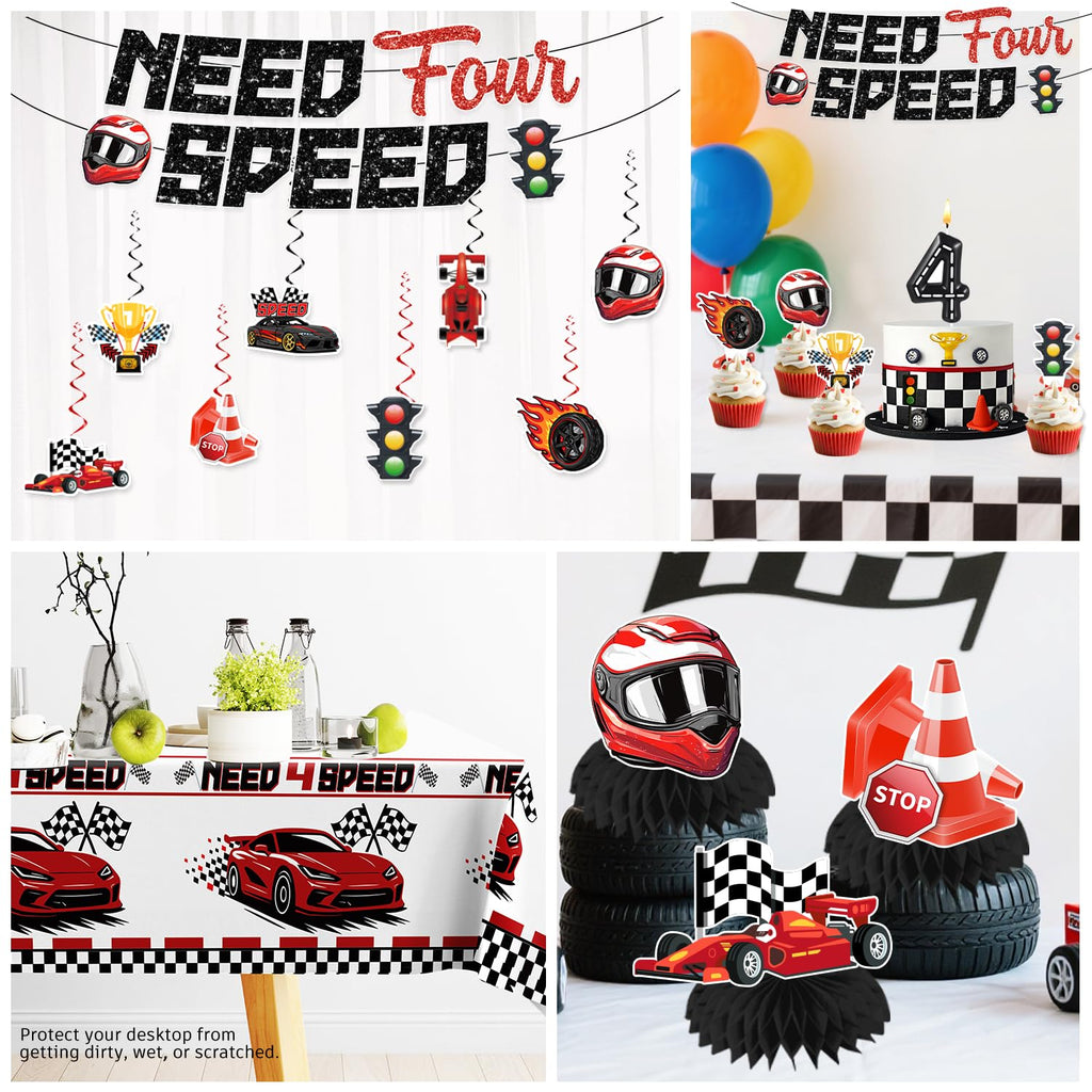 Need Four Speed Birthday Decorations Banner 4th Race Car Cake Topper Racing Balloons Plates and Napkins Need 4 Speed Decorations 4th Birthday 4 Year Old Boy Decorations