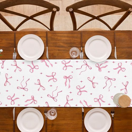 Buxiuer Pink Bow Party Table Runner Valentine's Day Coquette Girls Birthday Party Decoration Tea Wedding Baby Shower Dining Room Home Kitchen Table Decor (Pink, 13" x 72")