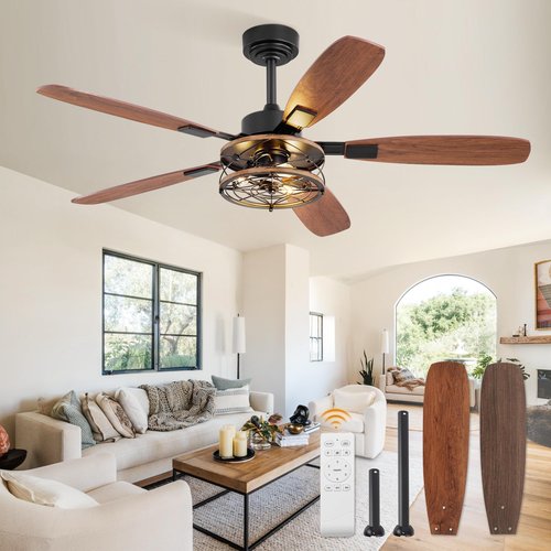 52 Inch Farmhouse Ceiling Fan with Light and Remote, Black Industrial Caged Flush Mount Ceiling Fans with 6 Speed Reversible Motor and Dual Finish 5 Blades, Rustic Ceiling Fan for Living room, Bedroom