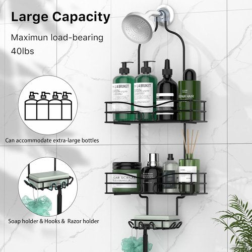 DAOYA Shower Caddy Organizer - 3-Tier Hanging Design with Soap Holder & 6 Hooks, Black