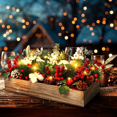 Leinuosen Christmas Table Centerpieces - 30 Pcs Floral Berry Rattan Garland with LED Lights for Winter Decor