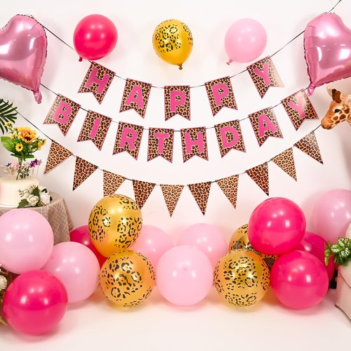 Pink Leopard Birthday Decorations, Gold Cheetah Print Animal Balloons Hot Pink and Heart Balloons, Cheetah Happy Birthday Banner for Safari Wild Birthday Baby Shower Jungle Theme Party Supplies