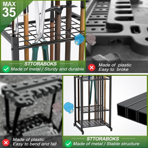 Garden Tool Organizer - Heavy Duty Steel Rack for Up to 35 Long-Handled Tools | Black