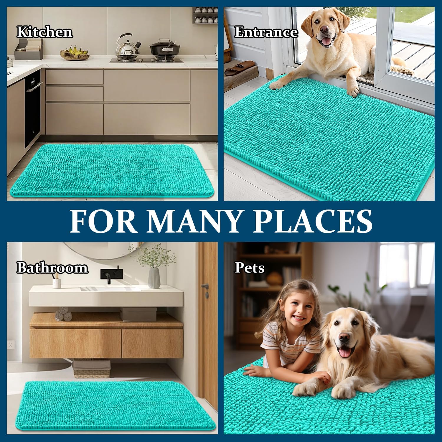 OLANLY Dog Door Mat - Absorbent Non-Slip Chenille Doormat for Muddy Paws | 30x20, Teal
