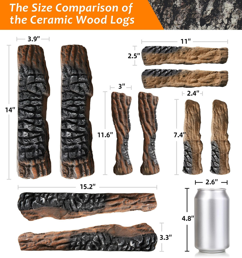 OBOLIS 10 Pcs Ceramic Gas Fireplace Logs, Premium Heat-Resistant Wood Log Gas Realistic Logs for Indoor or Outdoor Fireplaces,Perfect for Holidays,Christmas Ambiance