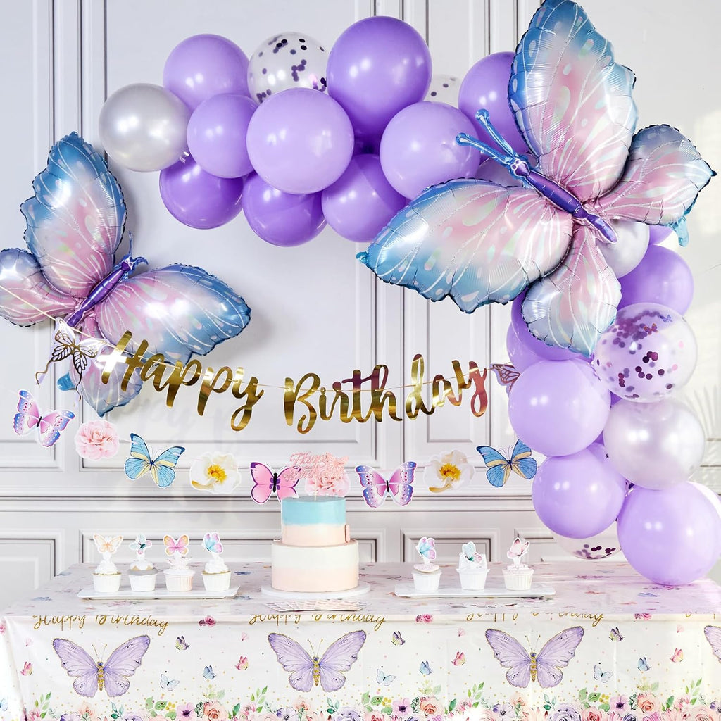 Butterfly Birthday Decorations - Purple Party Supplies with Balloons & Happy Birthday Banner