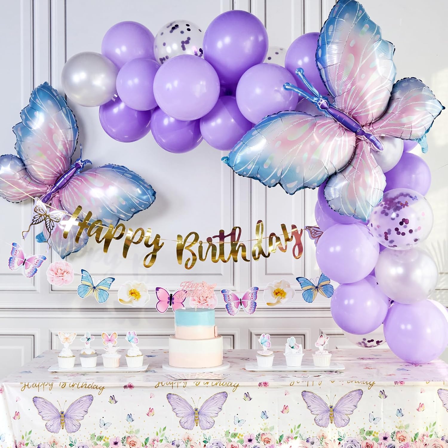 Butterfly Birthday Decorations - Purple Party Supplies with Balloons & Happy Birthday Banner