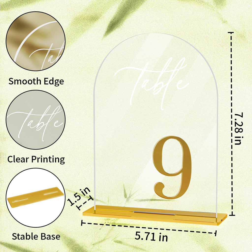 iFaveorr Arch Wedding Table Numbers 1-10 with Stands, Elegant Gold Number 5.5 x 7” Arch Acrylic Signs with Holders, Clear Acrylic Table Numbers for Wedding Reception, Anniversary, Party, Events