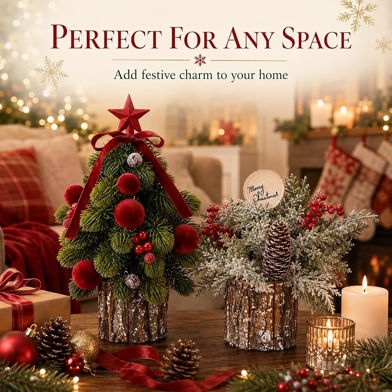 2 Pack Mini Christmas Trees with Red Velvet Pine Needles – Tabletop Decor, Rustic Stump Base