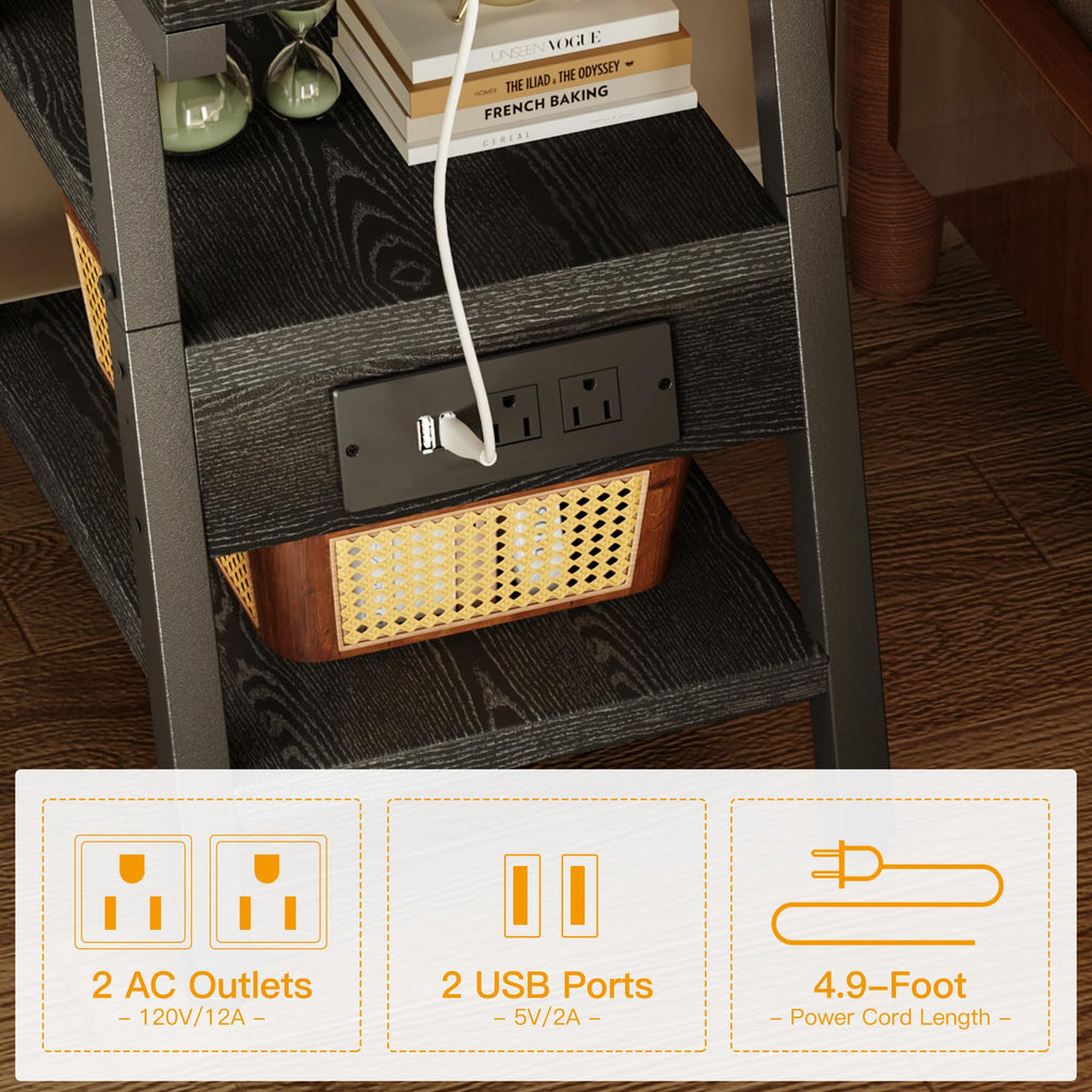 SIde Table with Charging Station, Small End Tables with Lucky 7 Metal Shape, 3-Tier Nightstand with Outlets and USB Ports, Adjustable Leveling Feet, Side Table for Living Room, Bedroom (Rustic Brown)