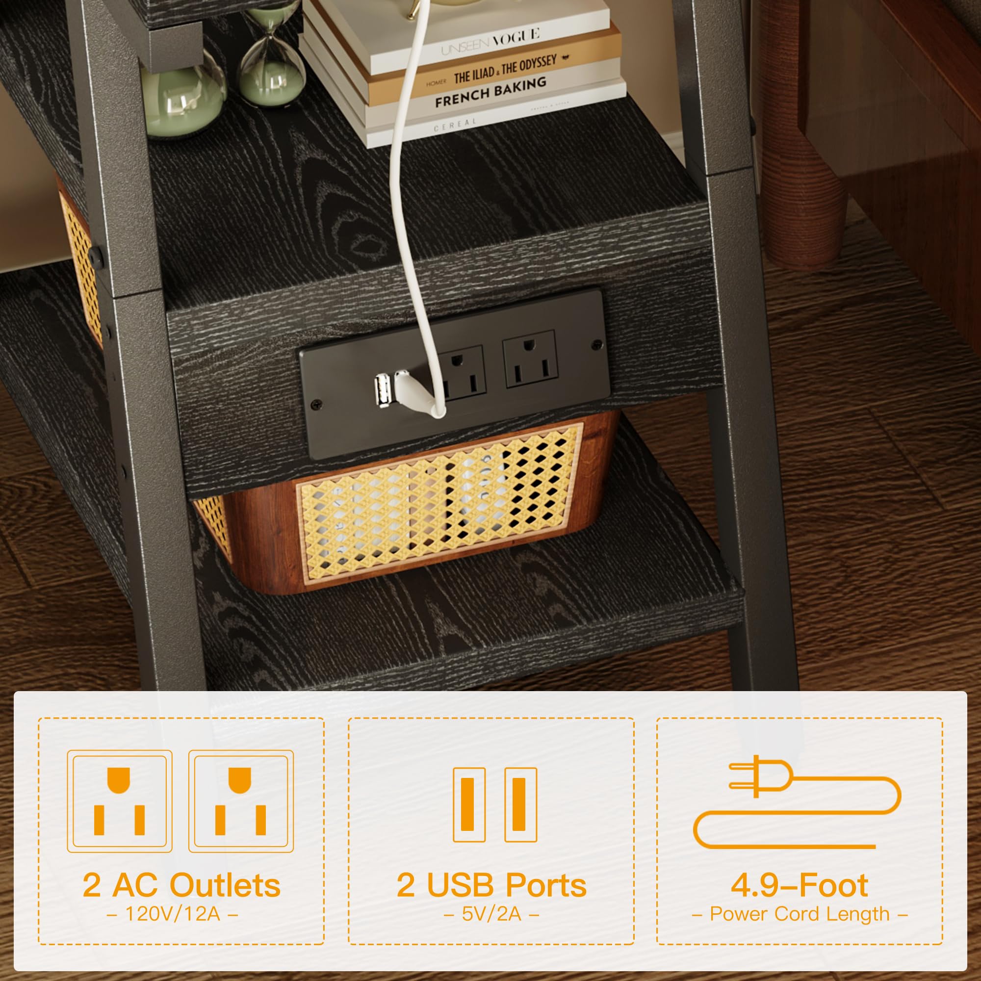 SIde Table with Charging Station, Small End Tables with Lucky 7 Metal Shape, 3-Tier Nightstand with Outlets and USB Ports, Adjustable Leveling Feet, Side Table for Living Room, Bedroom (Rustic Brown)
