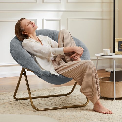 DUMOS Comfy Saucer Chair, Faux Fur Lounge Seasting XL Circle Chair for Bedroom, Dorm & Gaming, Foldable Fashion Accent Seat for Small Spaces, Folding Moon/Mushroom/Round Oversized Style