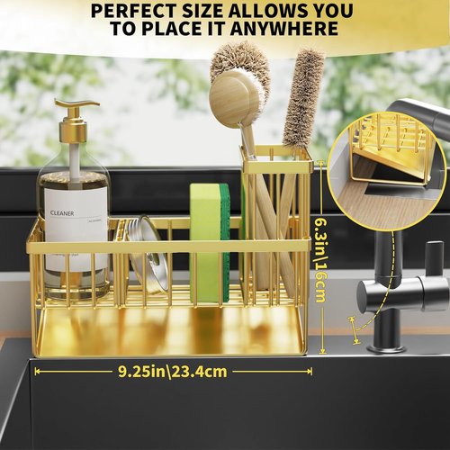 Cisily Gold Kitchen Sink Caddy Organizer - Rustproof 304 Stainless Steel with Brush & Sponge Holder