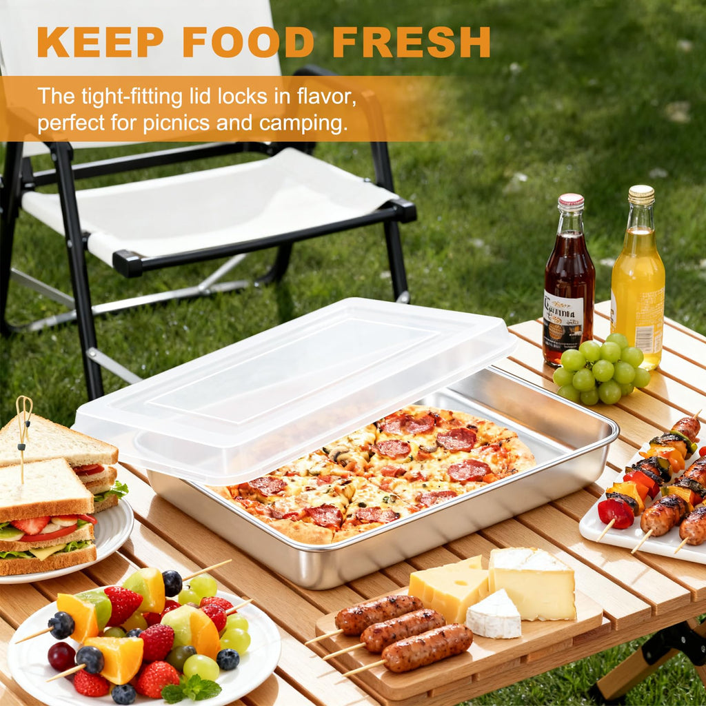 Blingco Stainless Steel Baking Pan with Lid, 12⅓ x 9¾ x 2 Inch Deep Rectangle Cake Pans with Cover for Cakes, Brownies, Cookies, Deep Side & Heavy Duty,Dishwasher & fridge & Oven Safe(2 Pans + 2 Lids)