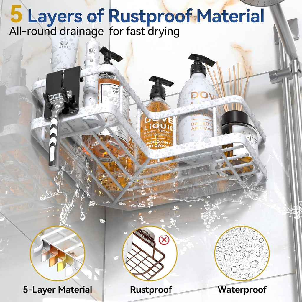 YASONIC Corner Shower Caddy - 5-Pack Adhesive Rustproof Stainless Steel Organizer | No-Drill Design, White