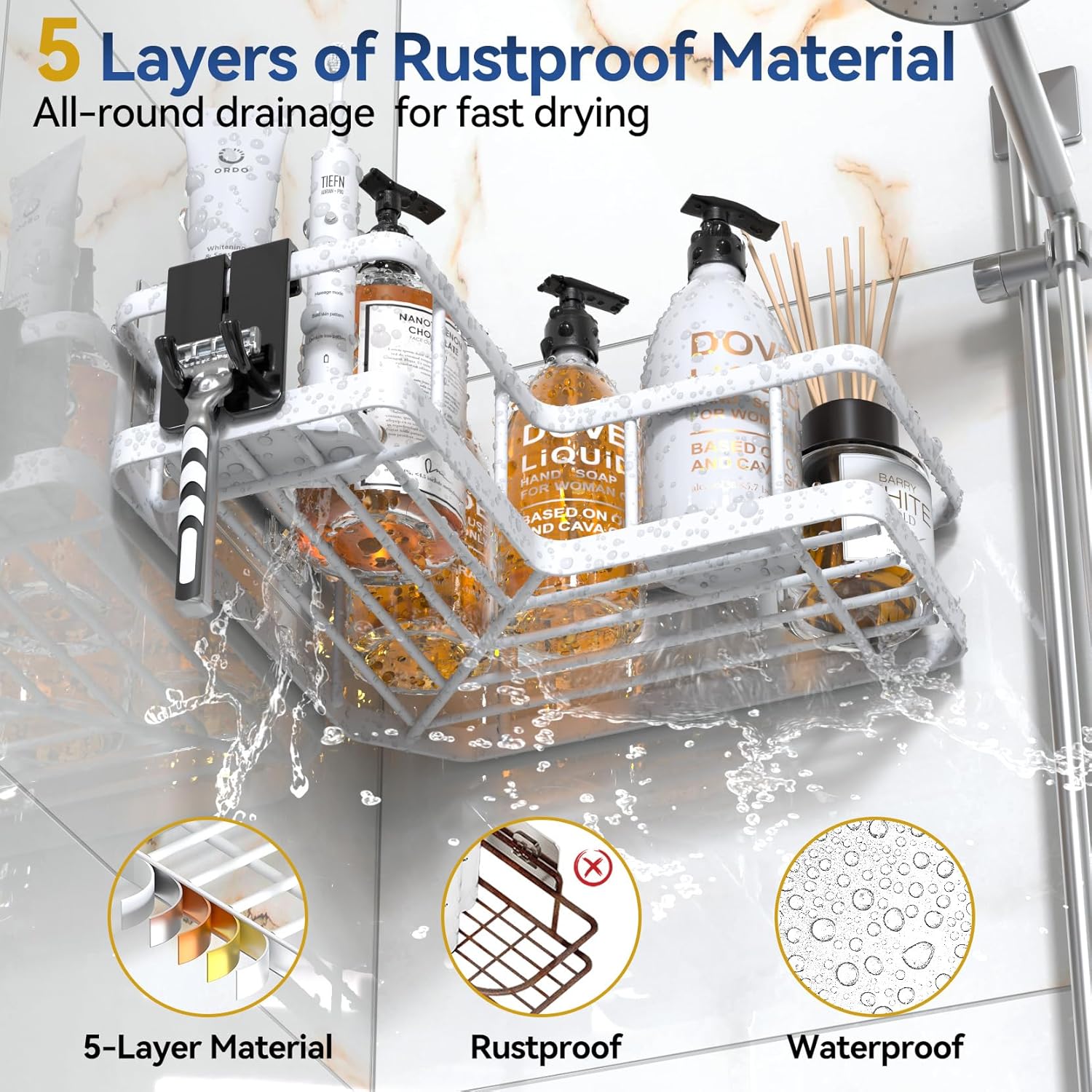 YASONIC Corner Shower Caddy - 5-Pack Adhesive Rustproof Stainless Steel Organizer | No-Drill Design, White