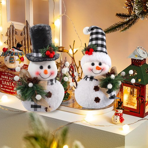Black and White Plaid Snowman Decor (2-Piece Set) - Winter Christmas Plush Dolls for Tiered Tray, Mantel, or Tabletop Display, Indoor Home Decor