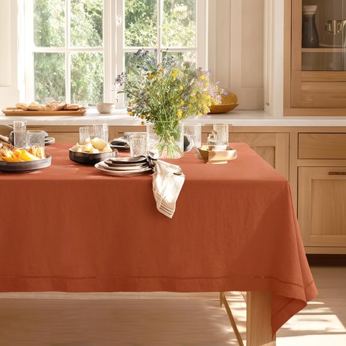 Linen World Fall Linen Tablecloth 120" x 60" Inch,French Linen Washable Rectangular Table Cloth for Dining,Outdoor,Weddings and Restaurants,Decorative Thanksgiving Christmas,Burnt Orange Hemstitch