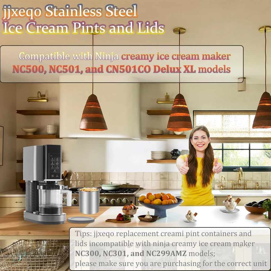 Ninja Creami Deluxe Containers - Stainless Steel 4-Pack with Silicone Lids | BPA-Free, Dishwasher Safe, 5-Year Warranty