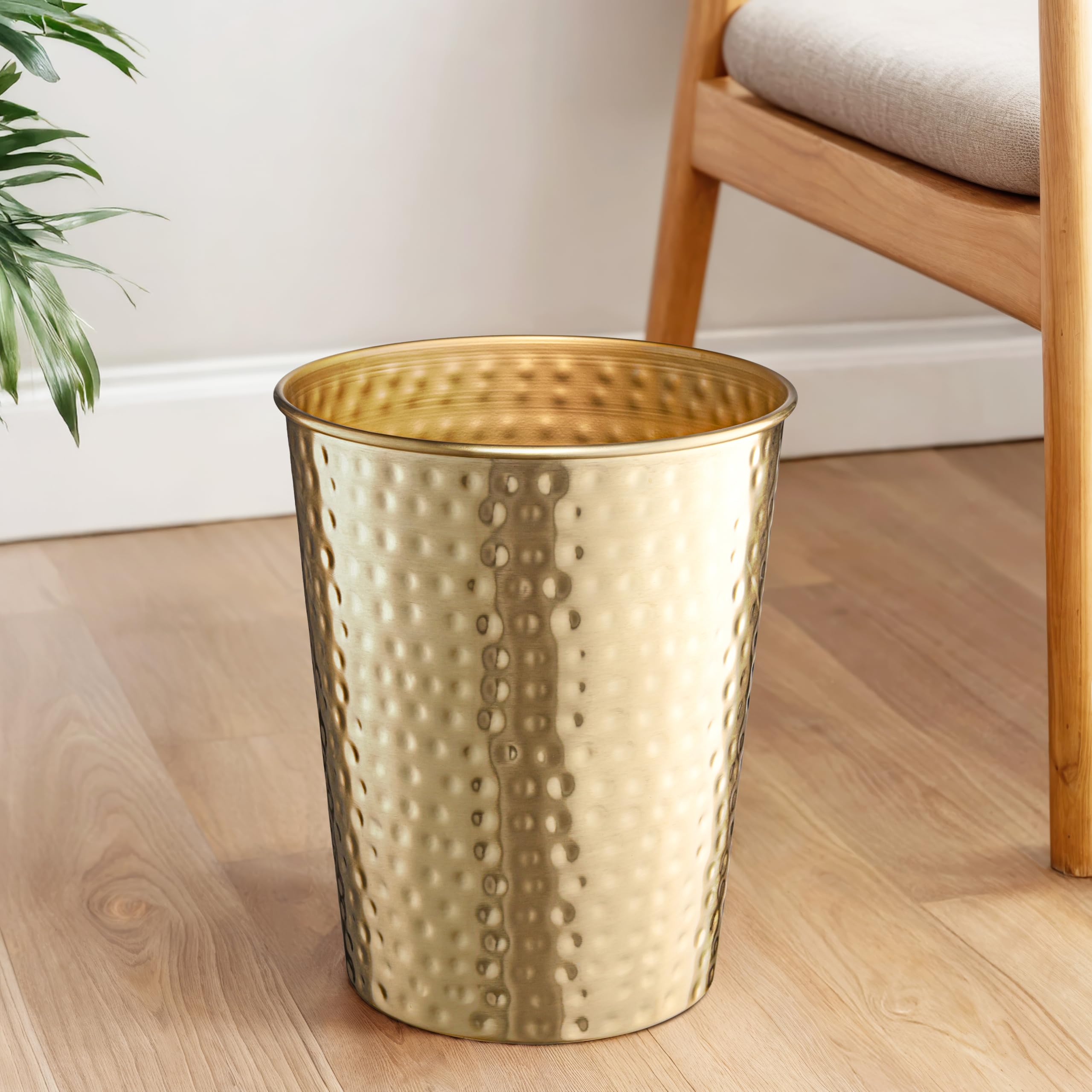 Monarch Abode Metal Bathroom Trash Can – Waste Basket for Bedroom, Office Desk, & Dorm, Hand Hammered, Durable Decorative Brushed Gold Small Trash Can Bathroom Garbage Bin Wastebasket