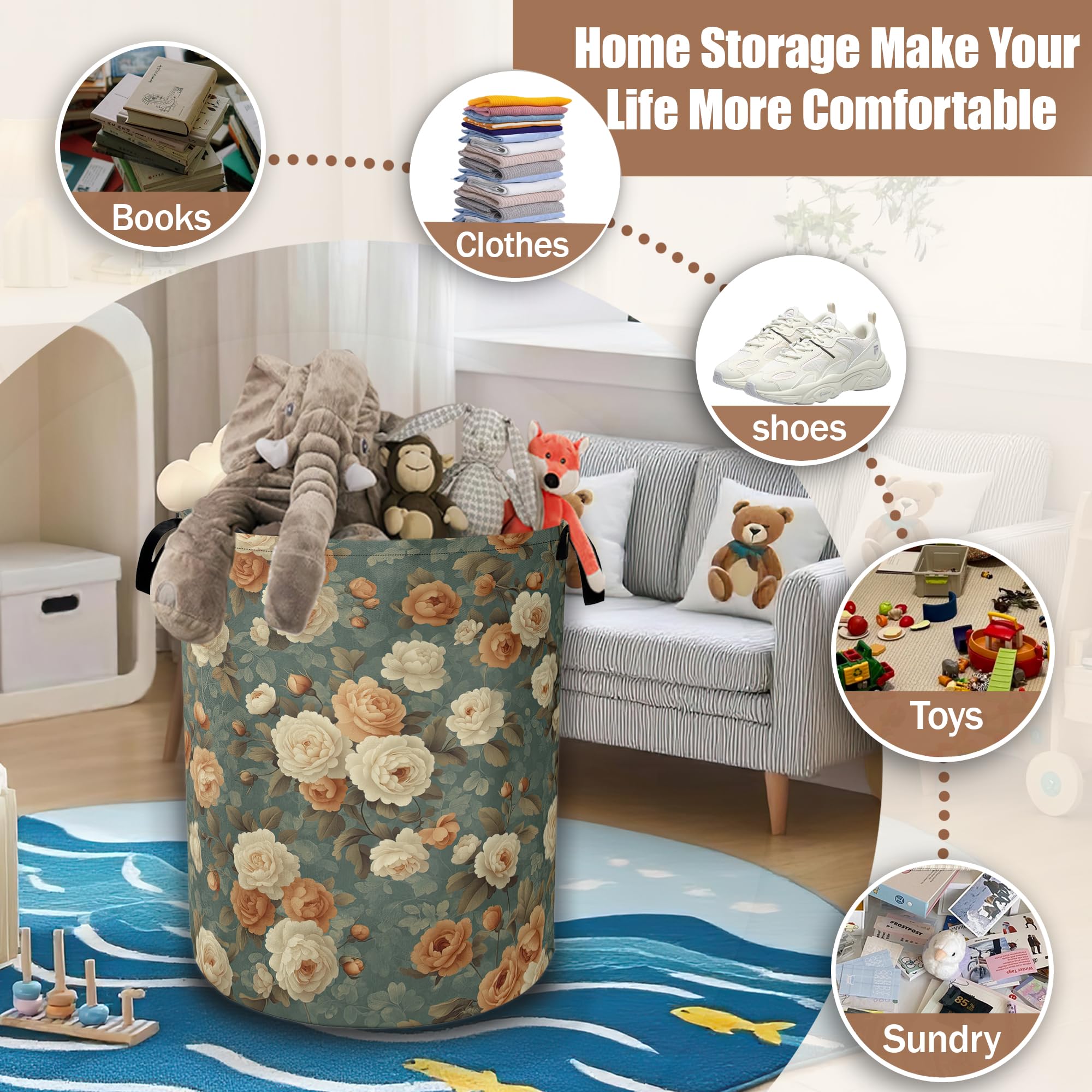 Vintage Rose Flower Laundry Hamper,Retro Floral Collapsible Laundry Baskets Waterproof Oxford Cloth With Handles,Clothes Storage Bucket Toy Organizer For Bathroom/Nursery/Bedroom 16" x 20.8"