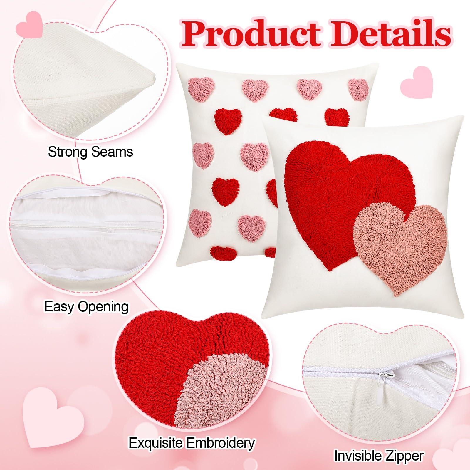 Briwooody 2 Pcs Valentine‘s Day Throw Pillow Covers 18 x 18 Inch Embroidery Cushion Covers Love Heart Pillow Cases for Sofa Bed Home Indoor Outdoor Decor Valentine Gift Couple Presents