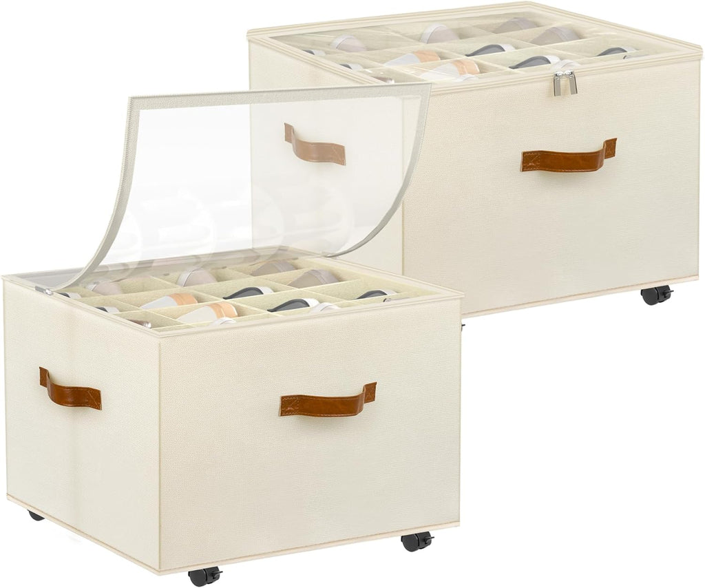 Skiennix Shoe Organizer - 2 Pack Stackable Storage Box with Wheels & Adjustable Dividers | Fits 16-32 Pairs, Beige
