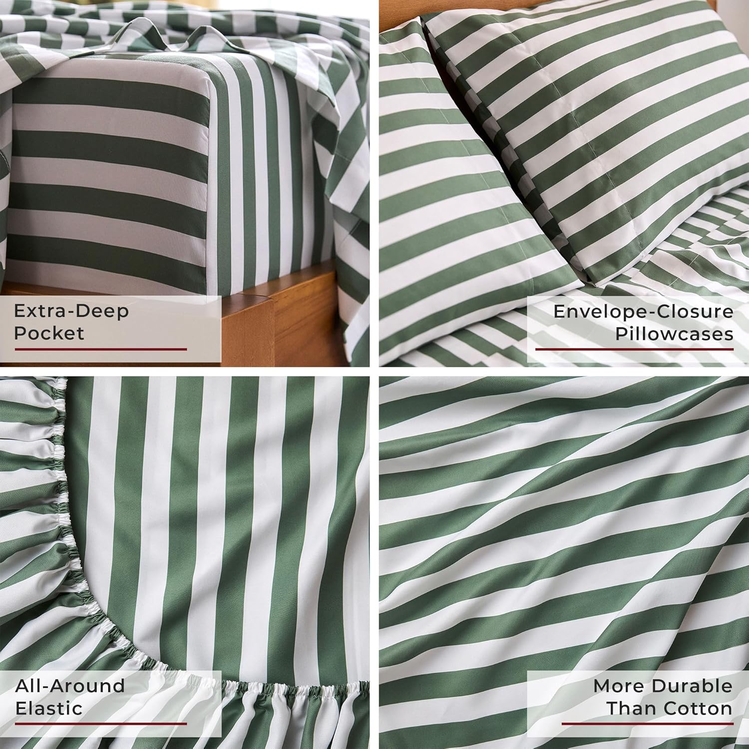 Mellanni California King Sheets Set - 4 PC Hotel Luxury Bedding | Extra Soft, Cooling, Wrinkle-Resistant (Cal King, Oxford Stripe Sage)