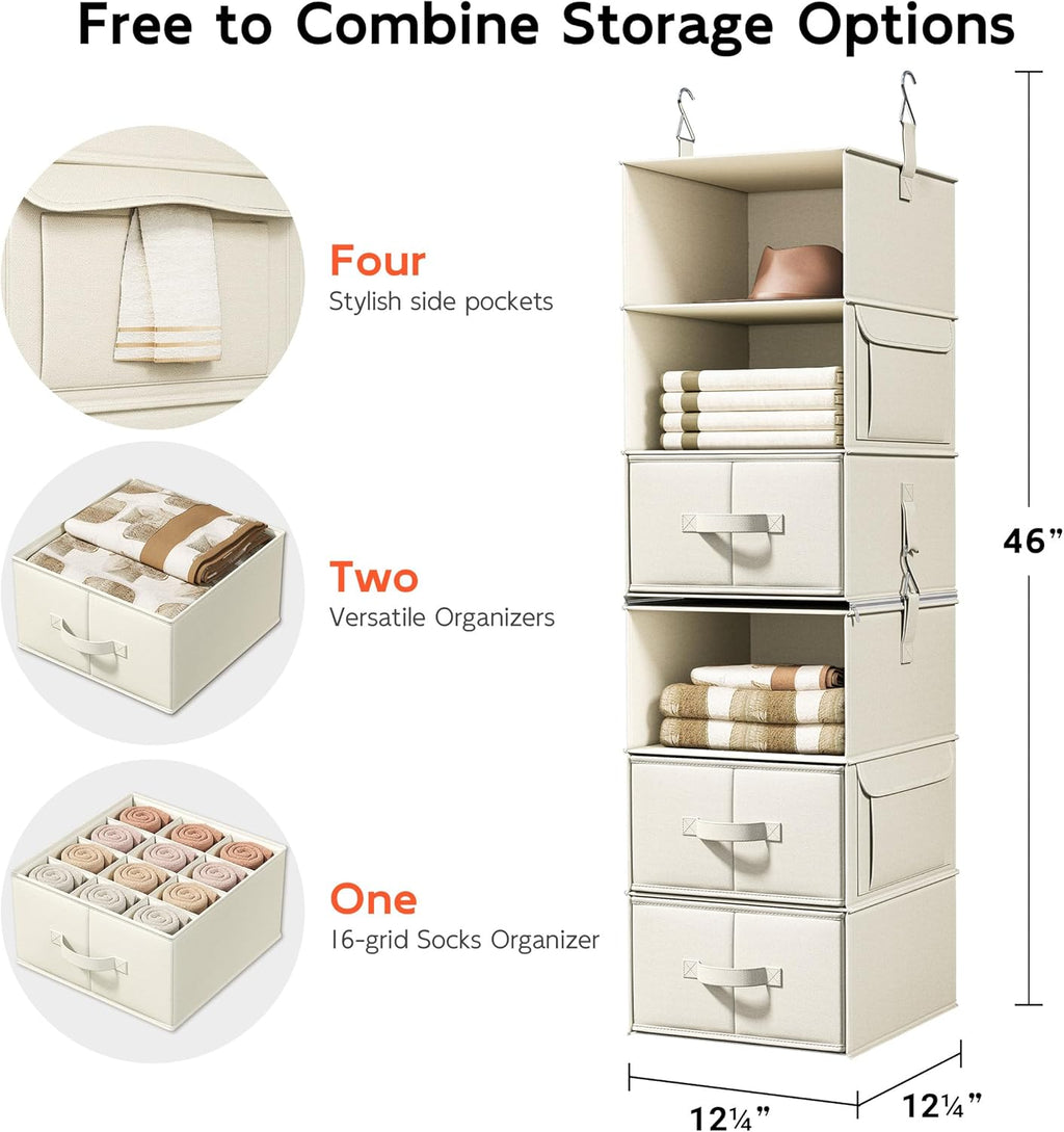 Vailando 6-Shelf Closet Organizer - Versatile Hanging Storage with 3 Drawers & 2 Separable Units | Beige