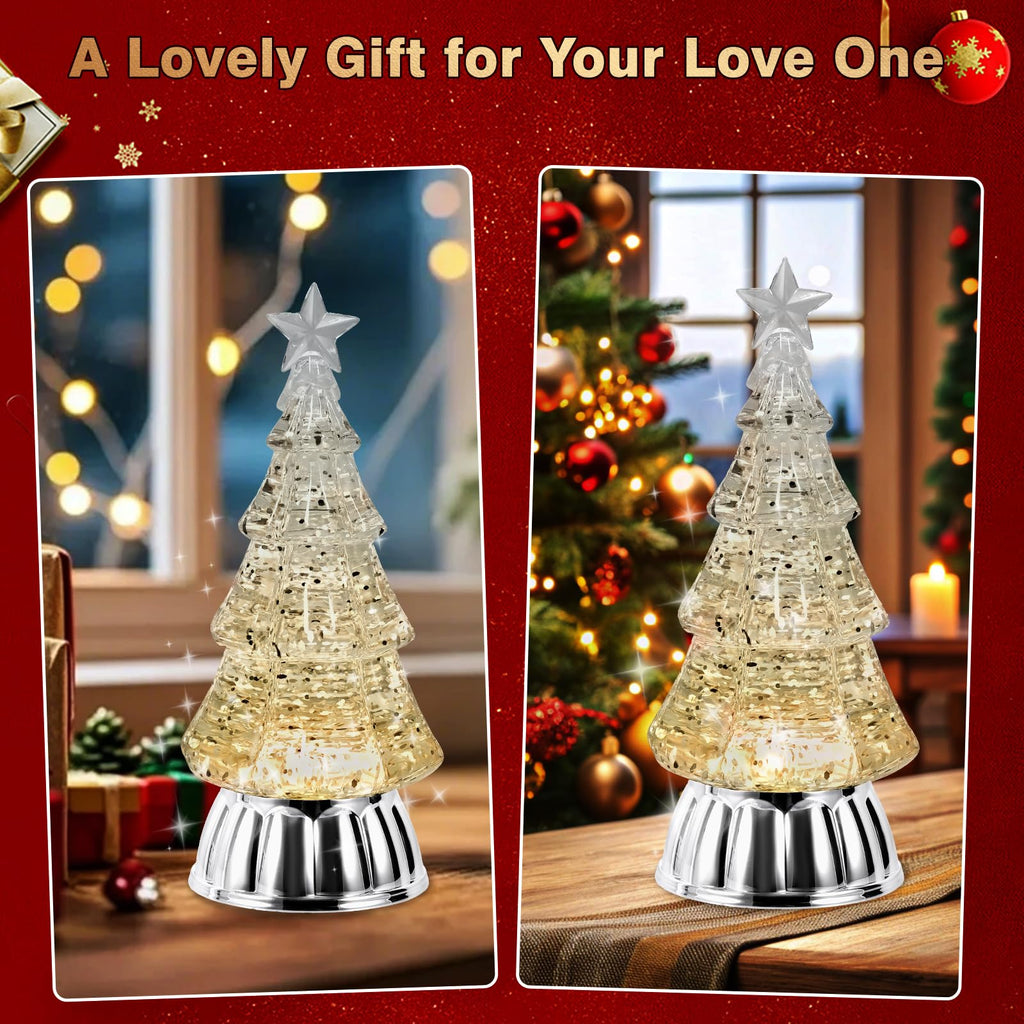Christmas Tree Snow Globe Lantern with Warm Light 6H Timer Water Snow Globe Lantern USB & Battery Operated for Christmas Festival Decorations Gifts (Silver Tree)