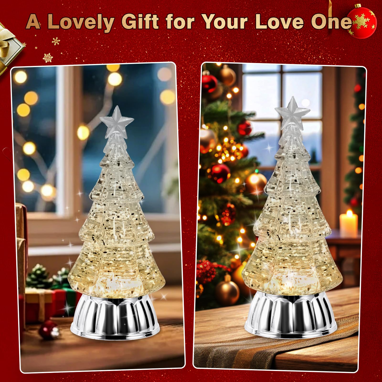 Christmas Tree Snow Globe Lantern with Warm Light 6H Timer Water Snow Globe Lantern USB & Battery Operated for Christmas Festival Decorations Gifts (Silver Tree)