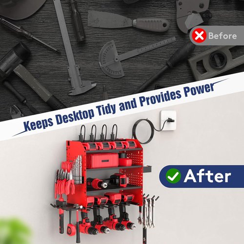 Heavy Duty Power Tool Organizer by [Brand Name] - Wall Mount with Charging Station & Adjustable Shelves | Holds 4 Drills, 2 Hooks