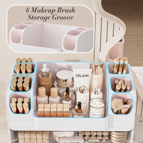 Delamu Large Makeup Organizer Countertop with 6 Brush Holders, Makeup Organizers for Vanity with 2 Large Drawers, Easy to Store Skincare, Lipsticks, Nail Polishes, Perfumes, Eyeshadow Palettes, White