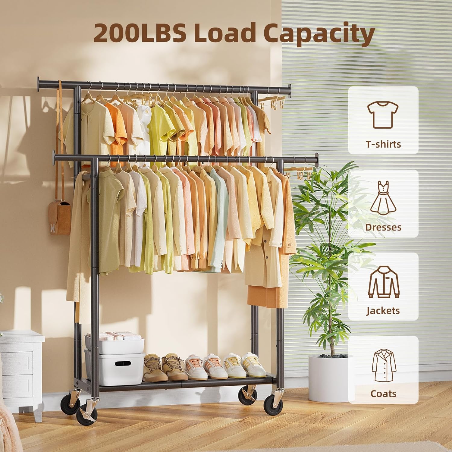 Simple Trending Clothes Rack - Double Rod Metal Garment Rack with Rolling Wheels | Portable Wardrobe for Bedroom & Laundry - Black