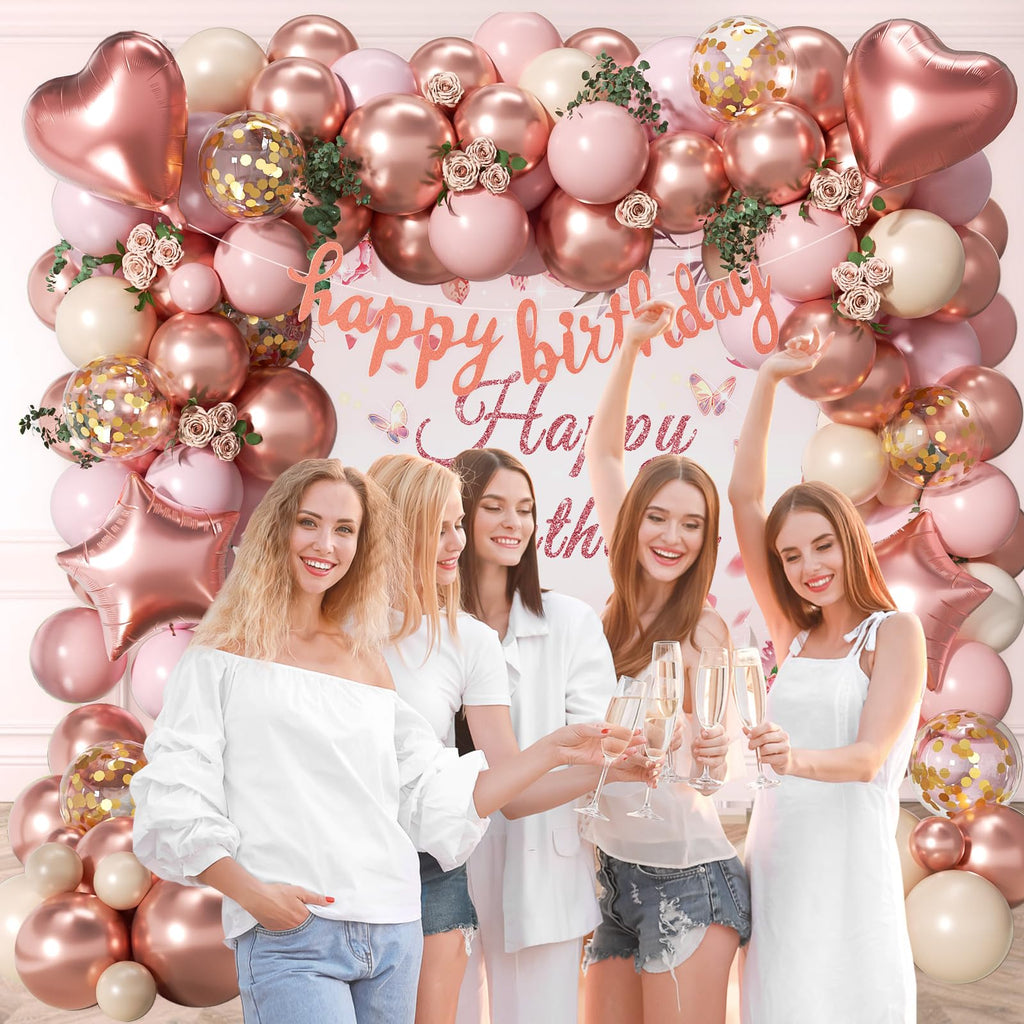 Rose Gold Birthday Decorations, Rose Gold Pink Nude Balloons Happy Birthday Banner Rose Gold Tablecloth Backdrop for Happy Birthday Decorations for Women Adults