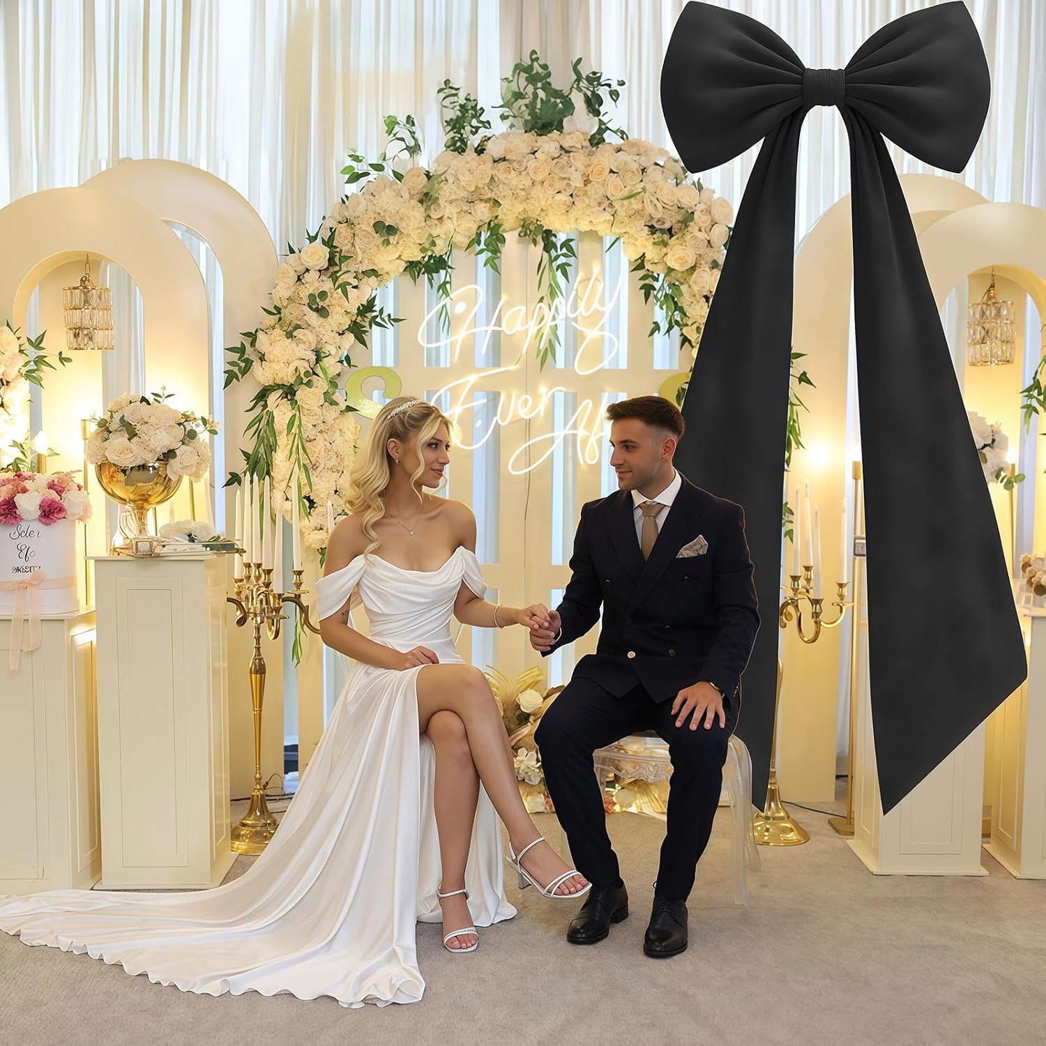 Skiennix Black Velvet Bow Decor - 50 x 20 Inches Large Party Decoration for Birthdays & Weddings