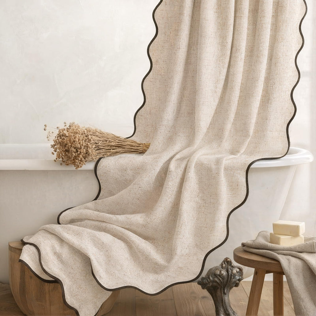 XOGUIBO Linen Shower Curtain Beige Cute Black Scalloped Boho Modern Shower Curtains for Bathroom Set, 72" W x 72" L