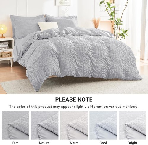 HYMOKEGE King Size Comforter Set - Luxury 7-Piece Seersucker Bedding Set in Light Grey | All-Season Comfort
