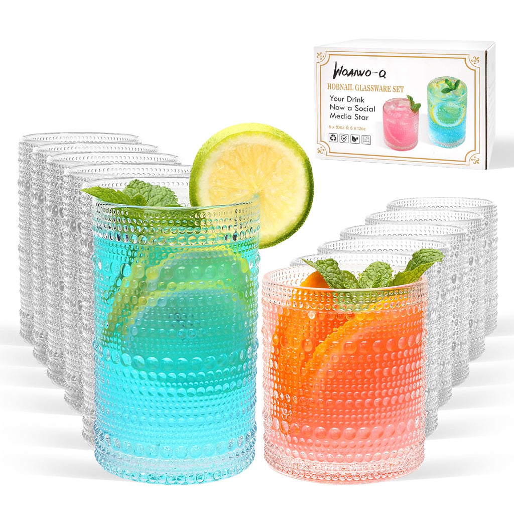 Woaiwo-q Embossed Highball Glasses Set of 12, 10 oz Thick Base Cocktail Drinking Glasses, 12 oz Clear Glassware Set, Glass Cups for Whiskey, Juice, Water, Home Bar & Kitchen, Dishwasher Safe