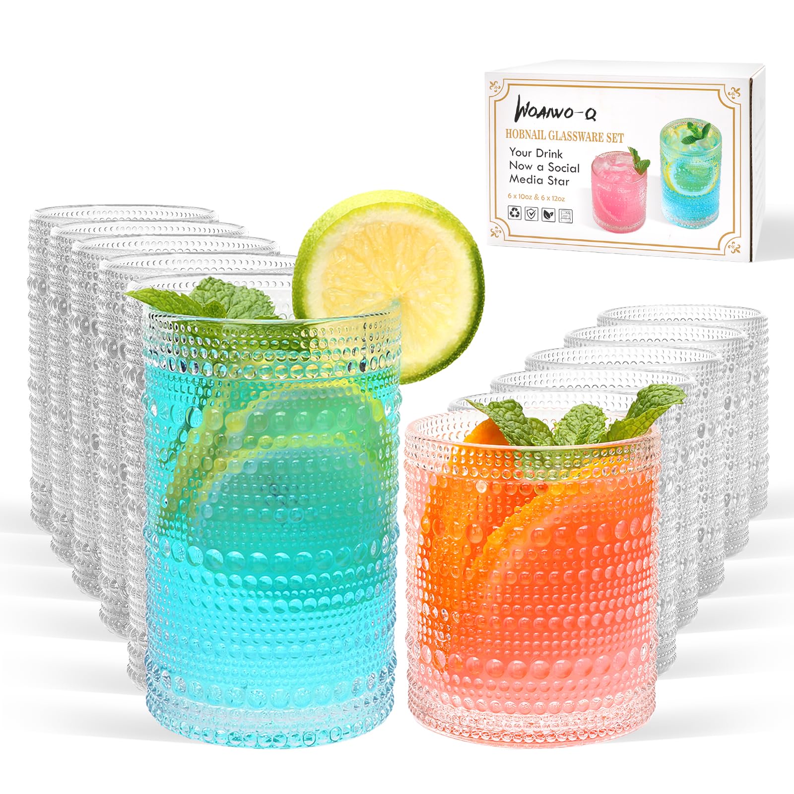 Woaiwo-q Embossed Highball Glasses Set of 12, 10 oz Thick Base Cocktail Drinking Glasses, 12 oz Clear Glassware Set, Glass Cups for Whiskey, Juice, Water, Home Bar & Kitchen, Dishwasher Safe