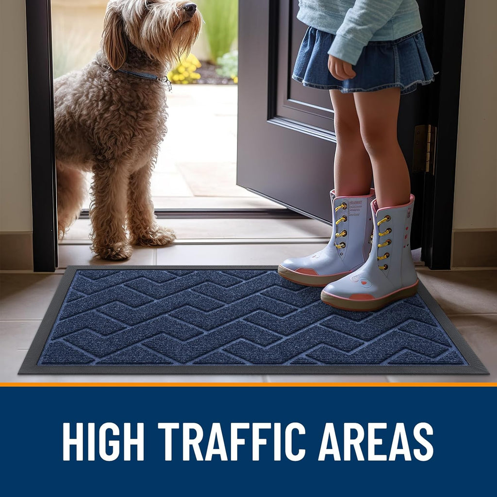 OLANLY Waterproof Front Door Mat - All-Season Indoor/Outdoor Doormat | Sturdy Natural Rubber, Herringbone Brick (Blue, 47x17)